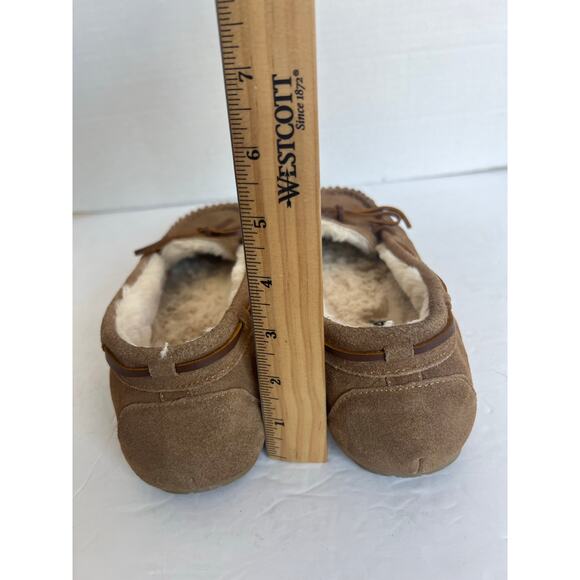 Minnetonka Cally Brown Suede Slip On Faux Fur Lined Bow Flat Slipper Shoes Sz 10 - Picture 8 of 11